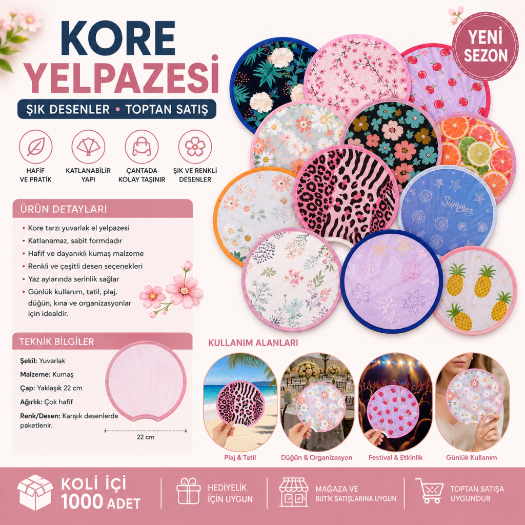 Katlanır Kore El Yelpazesi Şık Desenli - Görsel 3