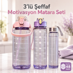 3’lü Şeffaf Motivasyon Kokusuz Stickerlı Pipetli Spor Suluk Matara Seti