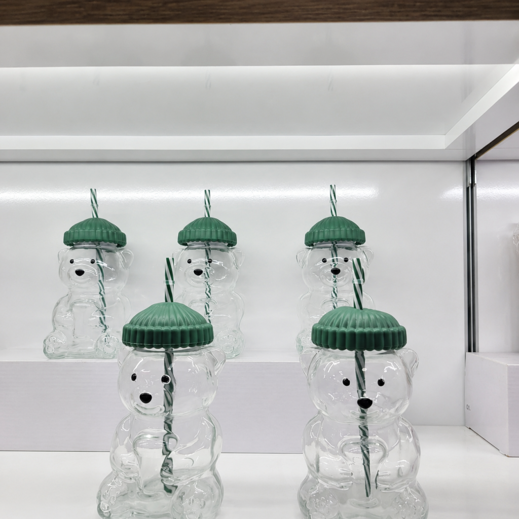 Ayıcık Şekilli Cam Su Matarası 600 ml Pipetli Kapaklı Suluk - Görsel 2