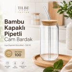 Bambu Kapaklı Pipetli Borosilikat Cam Bardak 550 ml