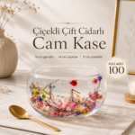 Çiçekli Çift Cidarlı Cam Kase 14×14×9 cm